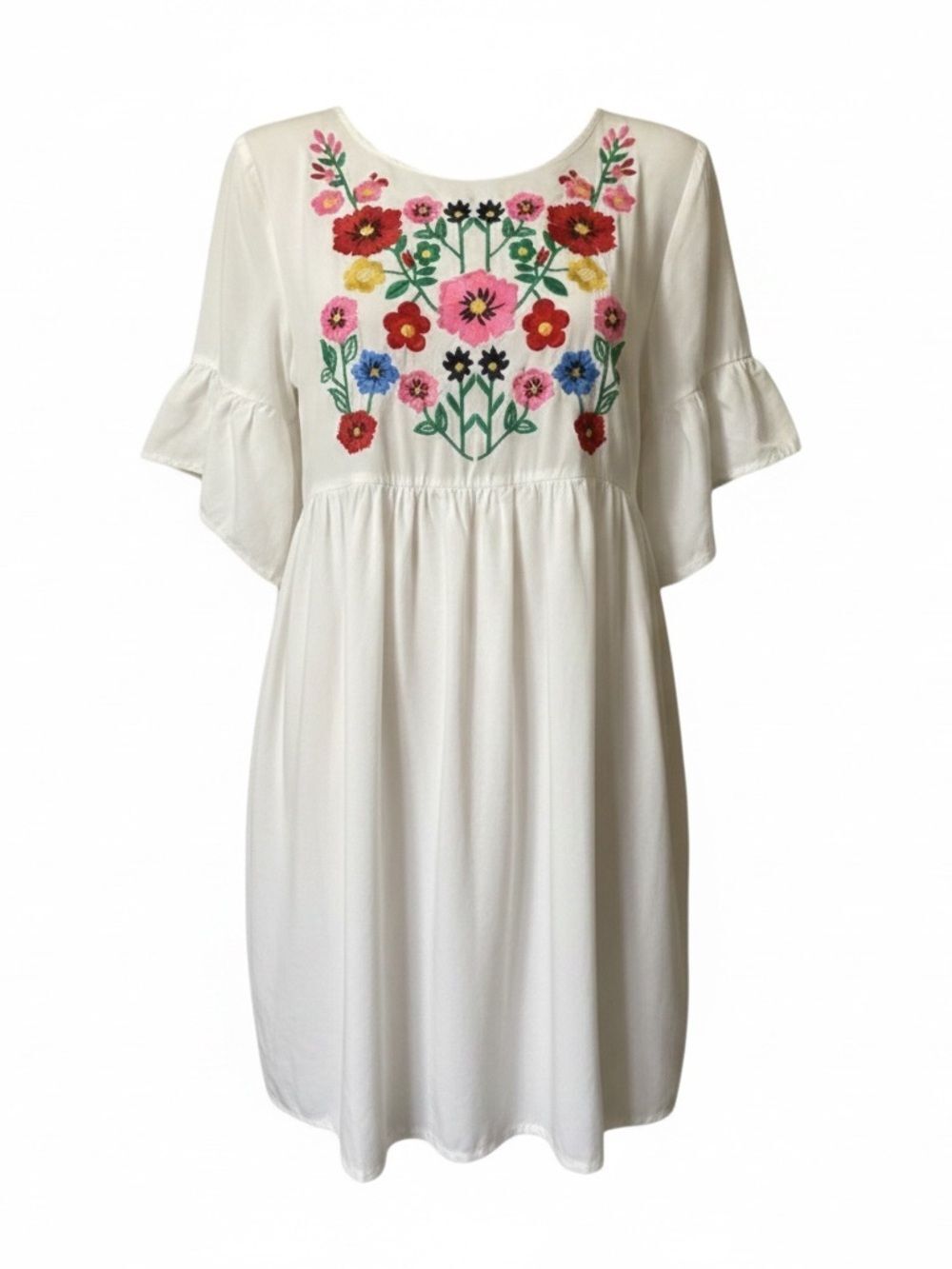 Floral Embroidered Flutter Sleeve Mini Dress L